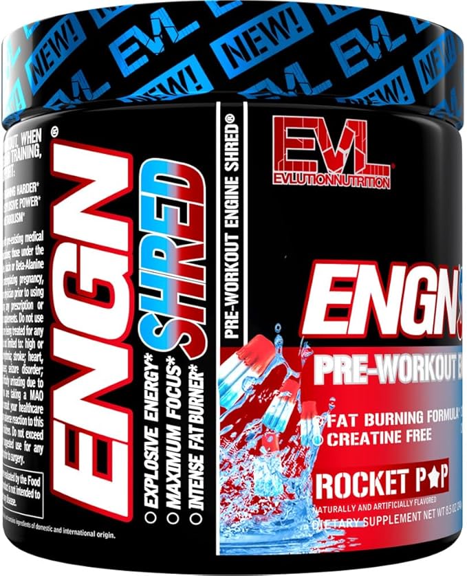 EVL Ultimate Pre Workout Powder - Thermogenic Fat Burn Support Preworkout Powder Drink for Lasting Energy Focus and Stamina - ENGN Shred Intense Creatine Free Preworkout Drink Mix - Rocket Pop