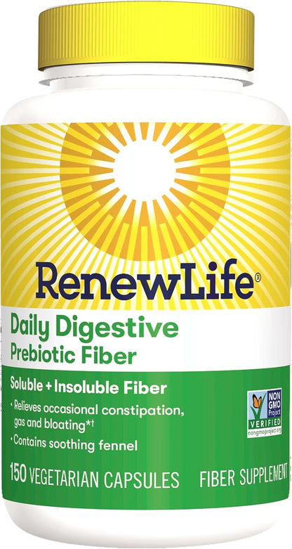 Renew Life Adult Daily Digestive Prebiotic Fiber, 150 Vegetarian Capsules (Package May Vary)