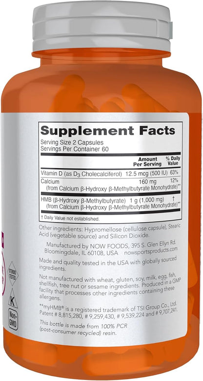 NOW Foods Sports Nutrition, HMB (β-Hydroxy β-Methylbutyrate) 500 mg, Sports Recovery*, 120 Veg Capsules