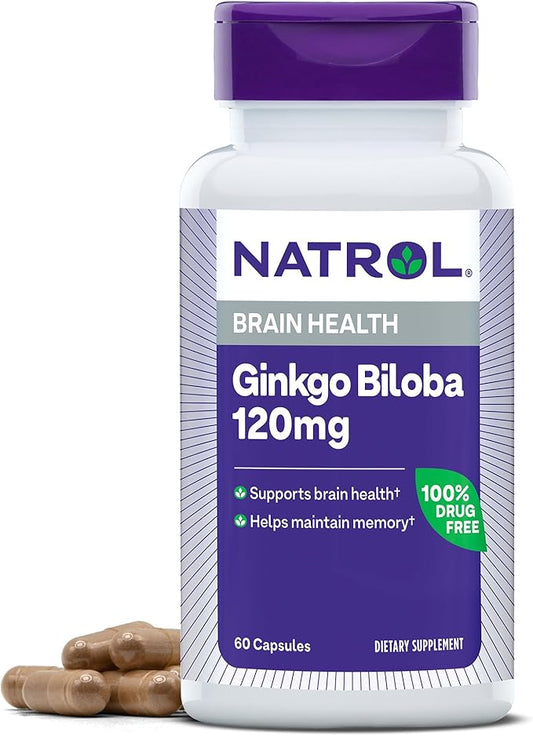 Natrol Brain Health Ginkgo Biloba 120mg, Dietary Supplement for Brain Health and Memory Support, 60 Capsules, 60 Day Supply