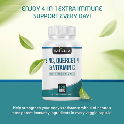 Zinc Quercetin with Vitamin C and Yerba Mate - 4-in-1 Nutritional Immune Support Supplement - 120 Veggie Capsules - Made in the USA