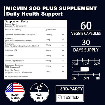 Superoxide Dismutase Supplement 500mg - SOD Plus with liposomal glutathione, AKG, Green Tea Extract, L-Arginine, Lysine, Resveratrol and Vitamin E for Immune Support, Antioxidant 60 Capsules