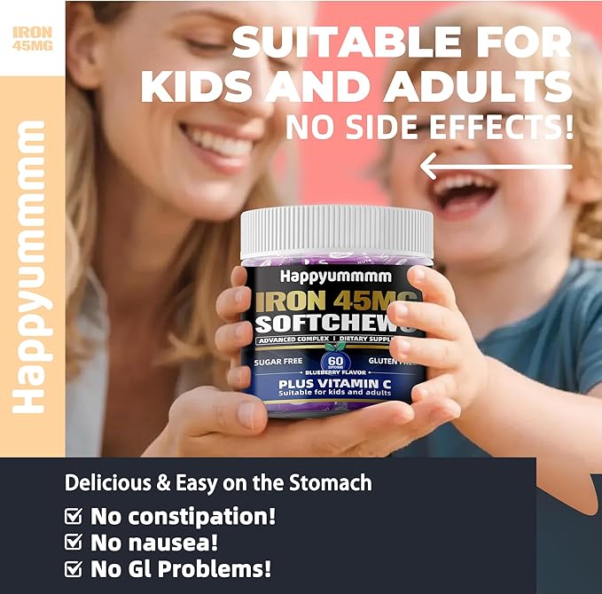 Iron Soft Chews Supplement with Vitamin C | Blueberry Flavored | Gluten Free | Iron Supplement for Women Men and Kids | 60 Count | 2 Month Supply