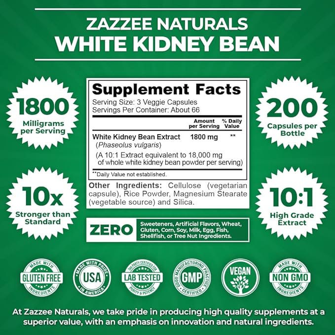 Zazzee White Kidney Bean 10:1 Extract, 1800 mg per Serving, 200 Vegan Capsules, Over 2 Month Supply, Standardized, Concentrated 10X Extract, 100% Vegetarian, All-Natural and Non-GMO, Made in The USA