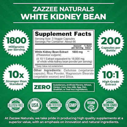 Zazzee White Kidney Bean 10:1 Extract, 1800 mg per Serving, 200 Vegan Capsules, Over 2 Month Supply, Standardized, Concentrated 10X Extract, 100% Vegetarian, All-Natural and Non-GMO, Made in The USA