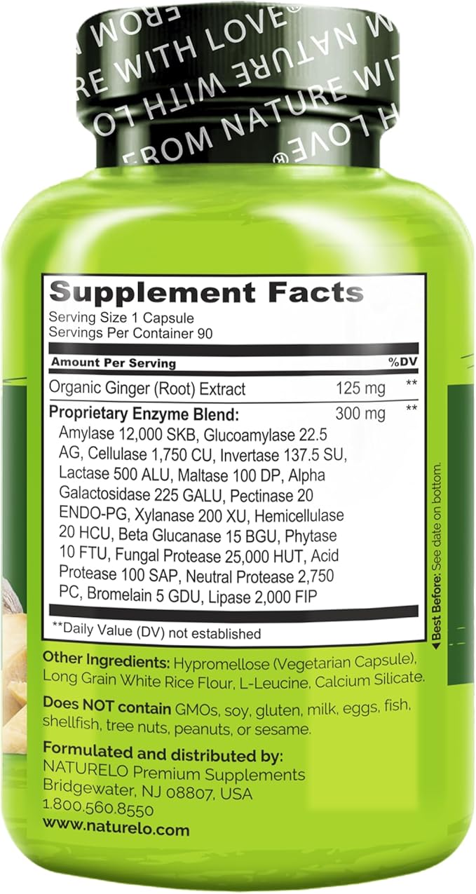 NATURELO Digestive Enzymes - Full Spectrum Support with a Broad Blend of 15 Enzymes Plus Ginger - 90 Vegan Capsules