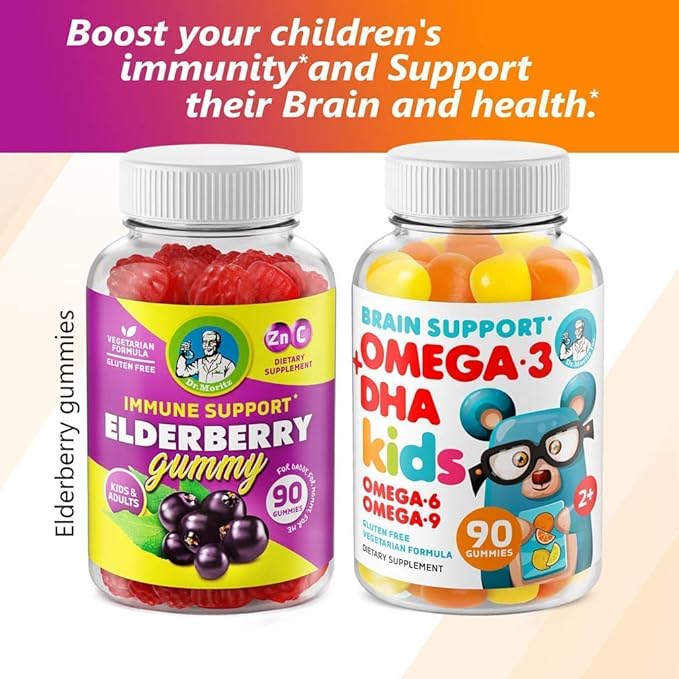DR. MORITZ Immune Support - Brain Booster - Heart & Vision Supplement for Kids and Adults- Elderberry Gummies with Omega 3 + DHA Gummies – Boost Your Children’s Immunity and Support Brain
