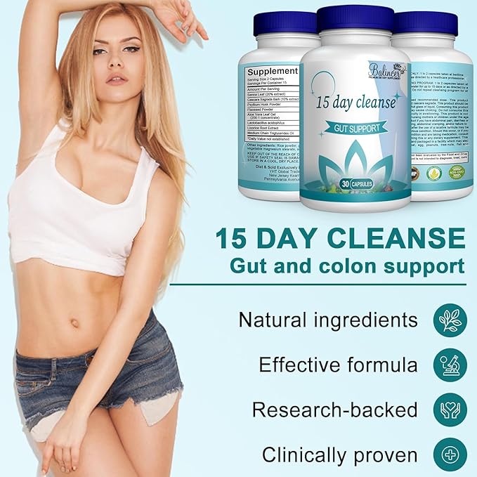 15 Day Cleanse, Gut and Colon Support, Advanced 15 Day Gut Cleanse Detox for Women & Men with Senna, Cascara Sagrada & Psyllium Husk, Non-GMO, 30 Capsules