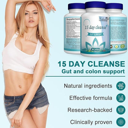 15 Day Cleanse, Gut and Colon Support, Advanced 15 Day Gut Cleanse Detox for Women & Men with Senna, Cascara Sagrada & Psyllium Husk, Non-GMO, 30 Capsules