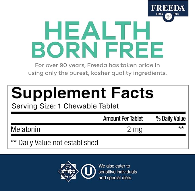 FREEDA Melatonin 2mg Sugar-Free Chewables – Natural Sleep Aid for Adults & Kids – Vegan, Kosher, Gluten-Free, Non-GMO, Easy Bedtime Support – 240 Tablets
