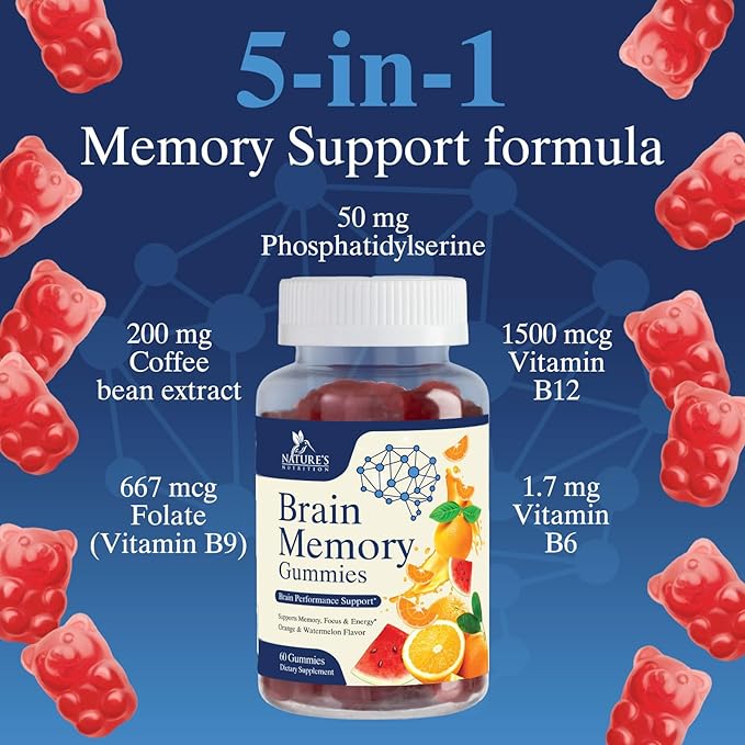 Brain Supplements for Memory, Focus, Concentration - Brain Gummy Vitamin Plus Nootropics, Phosphatidylserine, B6 & B12, Caffeine Free Nootropic, Clarity & Memory Support Supplement - 60 Gummies