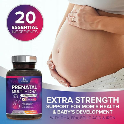 Prenatal Vitamins for Women with Folate & DHA, Prenatal Multivitamin Supports Brain Development with Folic Acid, Omega 3, Vitamin A, C, D, B6, B12 & Iron, Pregnancy Supplement, Non-GMO - 120 Softgels