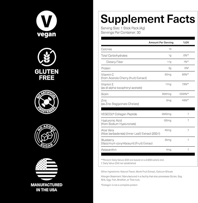 Synthesis Vegan Collagen Powder - Vegetarian Collagen Peptides for Skin Hydration, Anti Aging, Muscles, Gut, Hair, Nails - VEGCOL®, Hyaluronic Acid, Biotin, Vitamin C - 30 Stick Packs