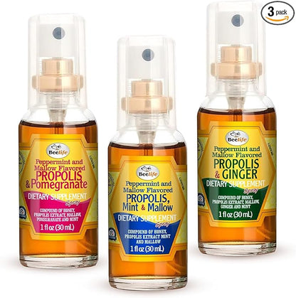 Beelife Propolis Throat Spray – Bee Propolis Spray for Natural Immune Support & Sore Throat Relief – Rich in Antioxidants, Flavonoids & Artepillin C,No Sugar, Gluten-Free -3-Pack, 90ml (Assorted)
