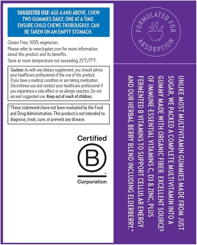 New Chapter Kids Multivitamin Gummies - 50% Less Sugar, Kids Gummy Vitamins with Vitamins C, D3 & Zinc, Non-GMO, Gluten Free, Berry-Citrus, 60ct