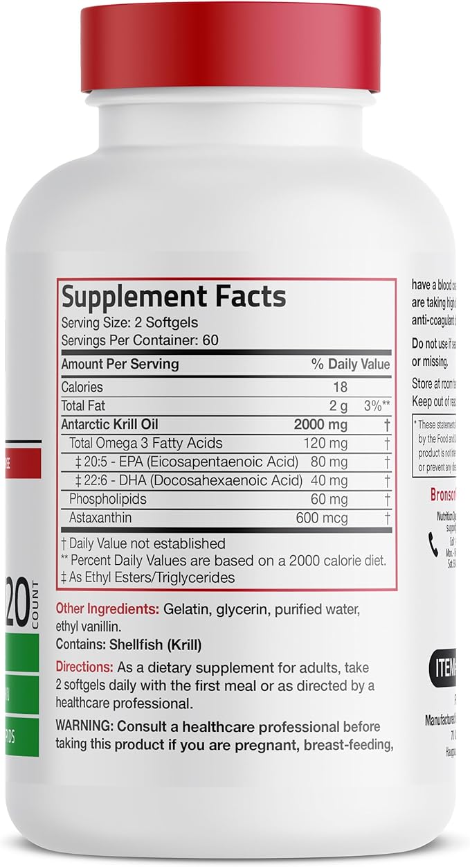 Bronson Antarctic Krill Oil 2000 mg with Omega-3s EPA, DHA, Astaxanthin and Phospholipids 120 Softgels (60 Servings)