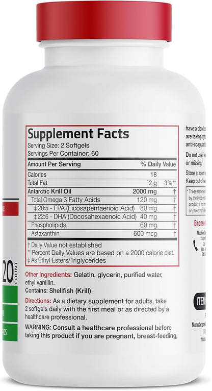 Bronson Antarctic Krill Oil 2000 mg with Omega-3s EPA, DHA, Astaxanthin and Phospholipids 120 Softgels (60 Servings)