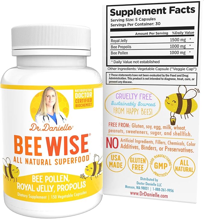 Dr. Danielle's Bee Wise - Bee Pollen Supplement - Bee Well with Royal Jelly, Propolis, Beepollen in 4 Daily Bee Pollen Capsules