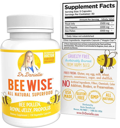 Dr. Danielle's Bee Wise - Bee Pollen Supplement - Bee Well with Royal Jelly, Propolis, Beepollen in 4 Daily Bee Pollen Capsules