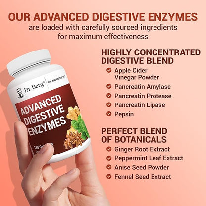 Dr. Berg Advanced Digestive Enzymes with Apple Cider Vinegar - Includes Digestive Health Ingredients Like Betaine Hydrochloride (HCI), Ginger Root & Peppermint Leaf - 180 Capsules