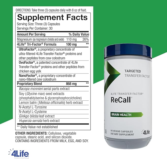 4Life Transfer Factor Recall - Supports Brain Health, Memory and Learning with Ginkgo Biloba, Bacopa Monnieri and Huperzia - 90 Veggie Capsules