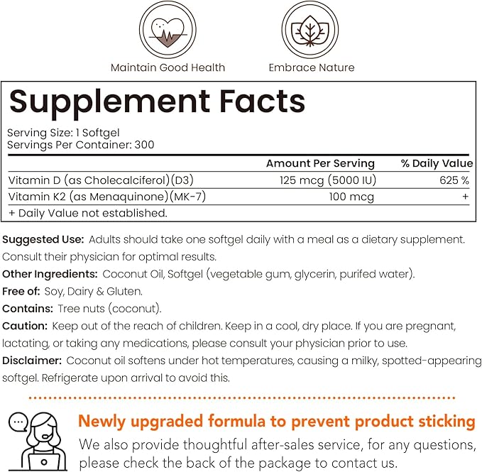 VEV Vitamin D3 K2, 5000 IU D3 100mcg K2 (MK 7), 300 Softgels, 2-in-1 Vitamin D & K Supplement with Coconut Oil, Supports Calcium Absorption and Bone Health, Easy to Swallow (Packaging May Vary)