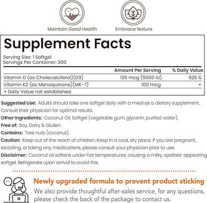 VEV Vitamin D3 K2, 5000 IU D3 100mcg K2 (MK 7), 300 Softgels, 2-in-1 Vitamin D & K Supplement with Coconut Oil, Supports Calcium Absorption and Bone Health, Easy to Swallow (Packaging May Vary)