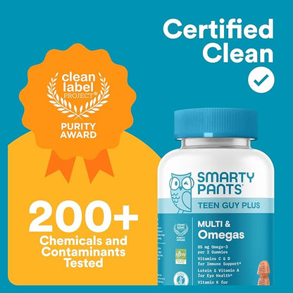 SmartyPants Teen Guy Multivitamin Gummies - Improved Formula: Omega 3 (DHA/EPA), Vitamin D3, C, Vitamin B12, B6, A, K & Zinc, Folate, Gluten Free, Fruit Flavor, 60 Count (30 Day Supply)