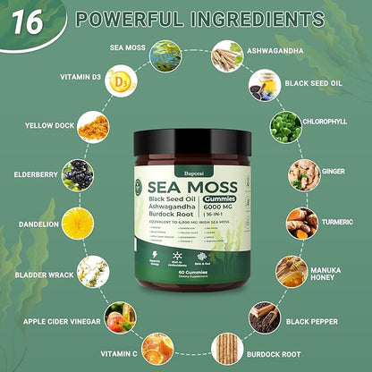 Sea Moss Gummies 16-1, Black Seed Oil Ashwagandha Turmeric Bladder Wrack Vitamin C Vitamin D3 Elderberry Manuka Dandelion Yellow Dock Apple Cider Vinegar for Men & Women