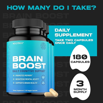 Brain Boost Nootropic Supplement | Supports Memory, Mental Focus, Cognitive Health & Energy | Promotes Healthy Mood & Brain Function | Ginkgo Biloba & DMAE | 180 Capsules