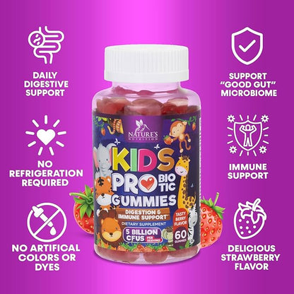 Kids Probiotic Gummies - Chewable Daily Probiotics for Kids Ages 3+ - Natural Digestive Health & Immune Support Vitamin - Vegan, Gluten Soy & Dairy Free, Berry Flavored, Shelf Stable - 60 Gummies