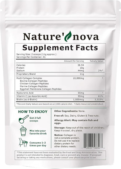 Nature's Nova Multi Collagen Peptides Powder - Type I,II,III,V,X with Biotin, Hyaluronic Acid, Vitamin C - Unflavored, Easily Dissolved, Non-GMO