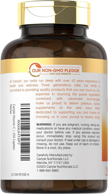 Carlyle Vitamin C 1000mg with Bioflavonoids | 250 Caplets | with Rose HIPS | Vegetarian, Non-GMO, Gluten Free Supplement