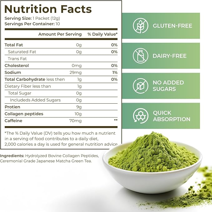 Japan Matcha Collagen Peptides Powder Supplement, Ceremonial Grade Matcha Green Tea Powder, Convenient Individual Travel Sized Package, 4.2oz