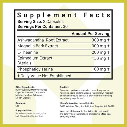 Luma Nutrition Cortisol Supplement - Cortisol Manager - Ashwagandha + L-Theanine - Cortisol Supplements for Women - 60 Capsules