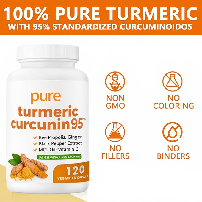 Turmeric Curcumin Supplement 1000mg - 95% Turmeric Complex Supplement with Bee Propolis, Ginger, MCT Oil, Fat Soluble Vitamin C, & Black Pepper, Non-GMO, Gluten Free, 120 Capsules
