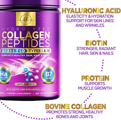 Collagen Peptides Powder - Unflavored Grass Fed Collagen Powder Type I & III Collagen Supplements with Hyaluronic Acid & Biotin - Women's Hair, Nail, Skin, Bones & Joint Health Support - 28 Servings
