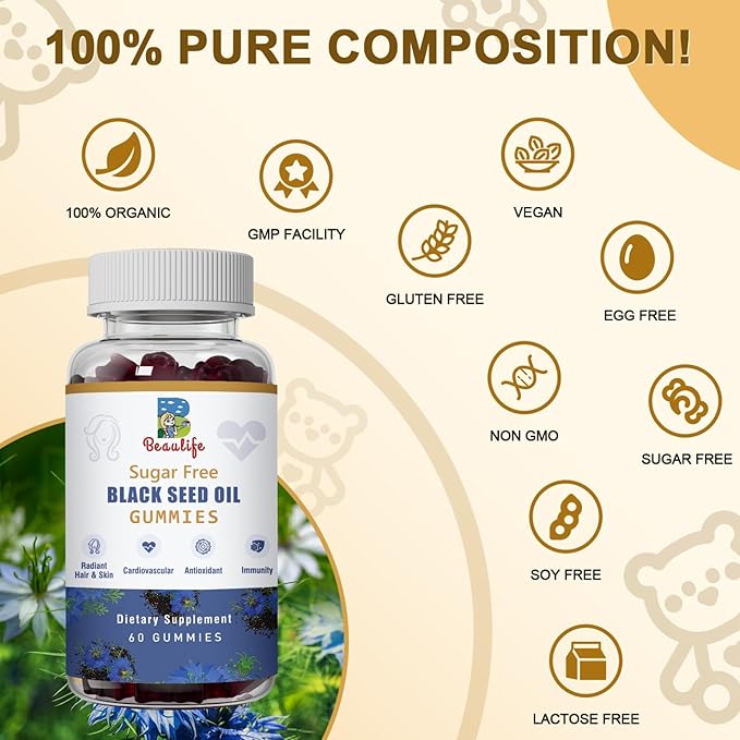 Black Seed Oil Gummies, Black Seed Oil, Sea Moss, Ashwagandha, Elderberry, Turmeric, Vitamin C, D, zinc, Beet Root Powder, Support Immune System, Liver ,Cardiovascular Health, Radiant Hair& Skin