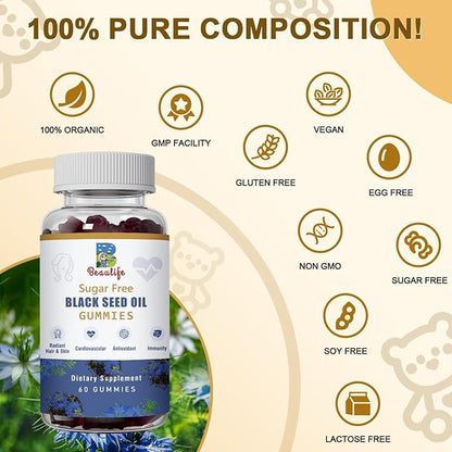 Black Seed Oil Gummies, Black Seed Oil, Sea Moss, Ashwagandha, Elderberry, Turmeric, Vitamin C, D, zinc, Beet Root Powder, Support Immune System, Liver ,Cardiovascular Health, Radiant Hair& Skin
