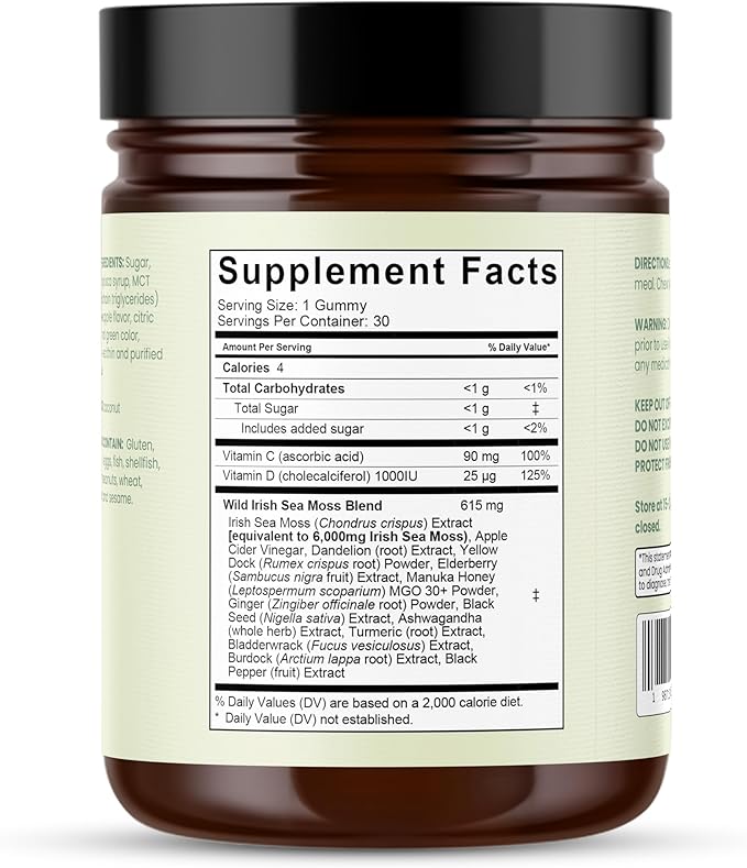 Sea Moss Gummies 16-in-1 - Ashwagandha Black Seed Oil Bladder Wrack Turmeric Vitamin C & D3 with Manuka Burdock Root Dandelion Yellow Dock Elderberry Apple Cider Vinegar (Green Apple)
