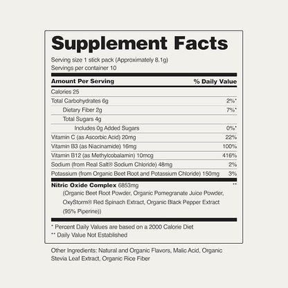 Snap Supplements USDA Organic Beet Root Powder, 3-in-1 Nitric Oxide Supplement, Support Healthy Blood Pressure and Blood Circulation, 250g (10 Stick Packs, Original Berry)