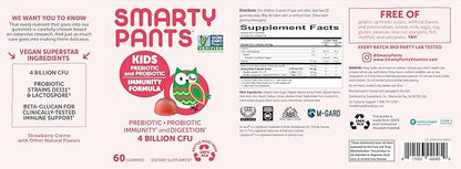 SmartyPants Kids Probiotic Immunity Gummies: Prebiotics & Probiotics for Immune Support & Digestive Comfort, Strawberry Crème, Vegan Gummy Vitamins, 60 Count, 30 Day Supply, No Refrigeration Required