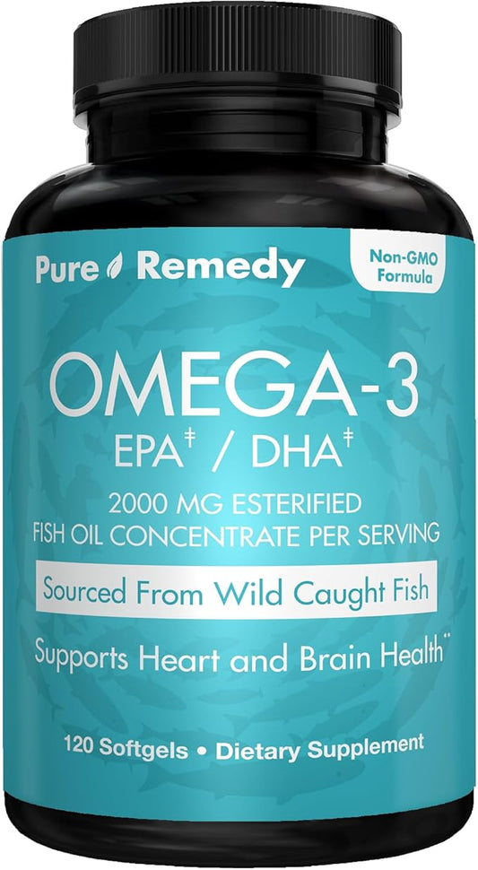 Pure Remedy Omega-3, 2000mg Fish Oil, 600mg EPA/DHA, Wild Caught, 120 Softgels