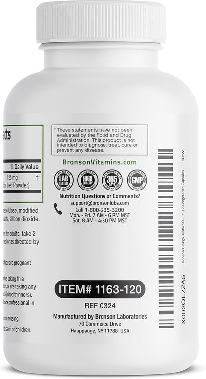 Bronson Ginkgo Biloba Extra Strength Supports Brain Function & Memory Support, 120 Vegetarian Capsules