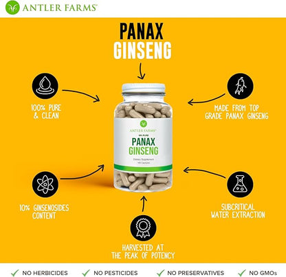 Antler Farms - 100% Pure, Red Panax Ginseng Extract, 180 Capsules, 500mg - From Slow-Grown Ginseng Root in the Changbai Mountains, 10% Ginsenosides