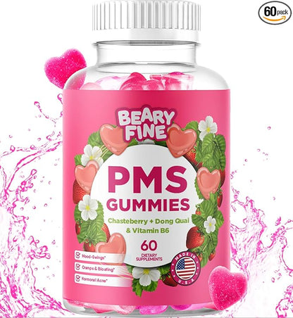 PMS Gummies - PMS Vitamins for Women & Teens - PMS Period Relief - Cramping, Bloating, Mood Swings - Made in The USA (Strawberry, 60 Count)