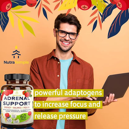Adrenal Support & Cortisol Manager – Extra Strength Adrenal Fatigue Supplements for Energy, Brain Fog with Ashwagandha, Rhodiola Rosea, L Thyrosine, Holy Basil – 60 Non GMO Pills