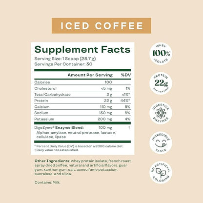 Bloom Nutrition Whey Isolate Protein Powder, Iced Coffee - Pure Iso Post Workout Recovery Drink Blend, Smoothie Mix with Digestive Enzymes for Gut Health - Low Carb, Keto & Zero Sugar Added