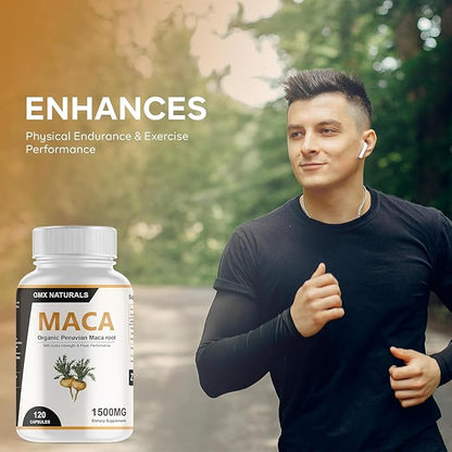 Organic Maca Root Powder Capsules 1,500mg for Men & Women - Capsule Contains Black, Red, Yellow Maca Root Extract - 95% Piperine from Black Pepper - Made with Peruvian Maca - 120 Count