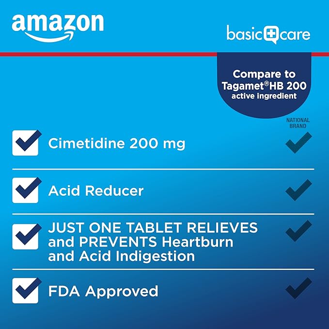 Amazon Basic Care Cimetidine Coated Tablets 200 mg, Acid Reducer, Heartburn Medicine, Indigestion Relief, 120 Count